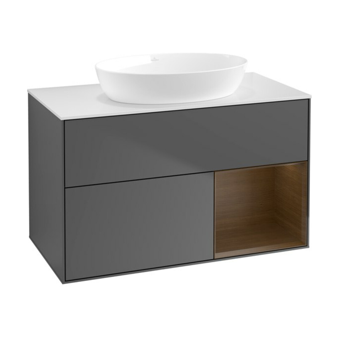 V&B Meuble sous lavabo Finion 100, blanc mat, tiroir noyer verni, anthracite mat