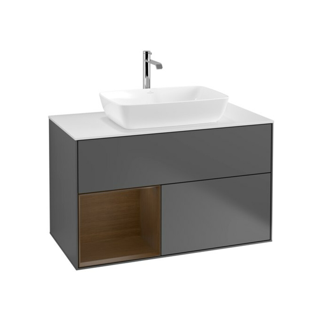 V&B Meuble sous lavabo Finion 100, blanc mat, tiroir noyer verni, anthracite mat