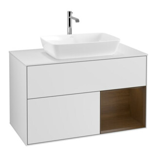 V&B Meuble sous-lavabo Finion 100, blanc mat, tiroir noyer verni, blanc mat laqué