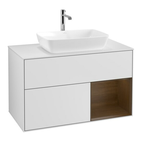 V&B Meuble sous-lavabo Finion 100, blanc mat, tiroir noyer verni, blanc mat laqué