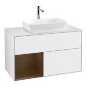 V&B Meuble sous lavabo Finion 100, blanc mat, tiroir noyer verni, laqué blanc brillant