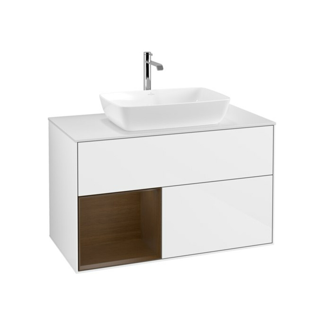 V&B Meuble sous lavabo Finion 100, blanc mat, tiroir noyer verni, laqué blanc brillant