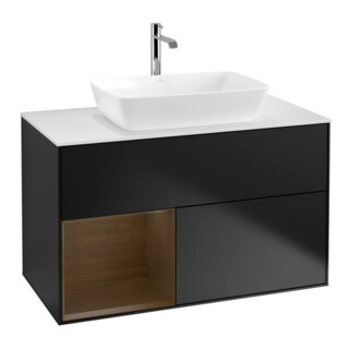 V&B Meuble sous lavabo Finion 100, blanc mat, tiroir noyer verni, poignée laquée bleue