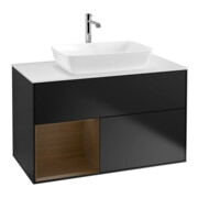 V&B Meuble sous lavabo Finion 100, blanc mat, tiroir noyer verni, poignée laquée bleue