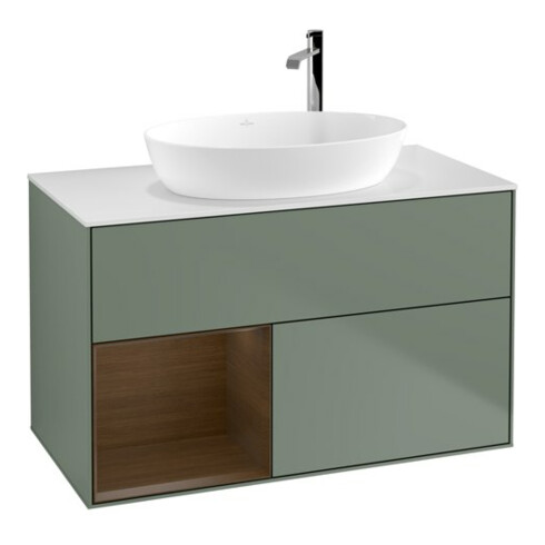 V&B Meuble sous lavabo Finion 100, blanc mat, tiroir noyer verni, poignée métal laqué