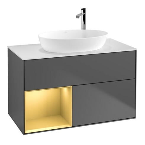 V&B Meuble sous lavabo Finion 100, blanc mat, tiroir or mat, anthracite mat