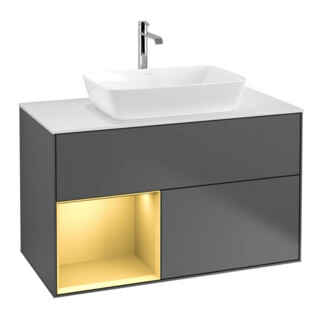V&B Meuble sous-lavabo Finion 100, blanc mat, tiroir or mat, anthracite mat
