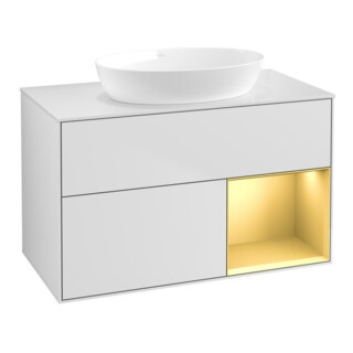 V&B Meuble sous lavabo Finion 100, blanc mat, tiroir or mat laqué, blanc mat laqué