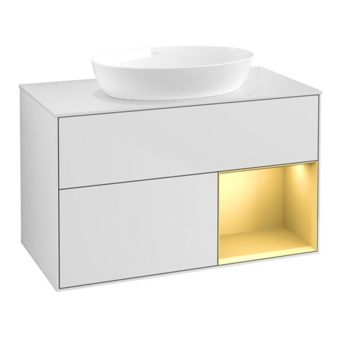 V&B Meuble sous lavabo Finion 100, blanc mat, tiroir or mat laqué, blanc mat laqué