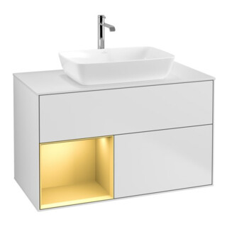 V&B Meuble sous lavabo Finion 100, blanc mat, tiroir or mat laqué, blanc mat laqué