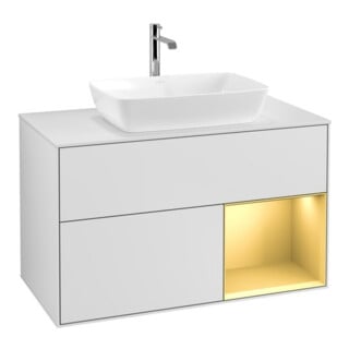 V&B Meuble sous lavabo Finion 100, blanc mat, tiroir or mat laqué, blanc mat laqué