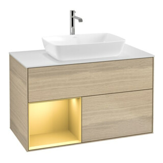 V&B Meuble sous-lavabo Finion 100, blanc mat, tiroir or mat, poignée ven