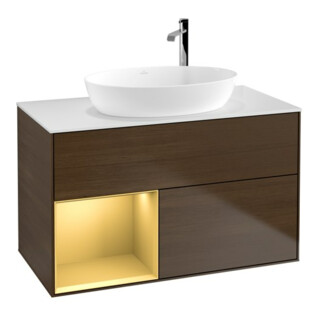 V&B Meuble sous lavabo Finion 100, blanc mat, tiroir or mat, veinage noyer