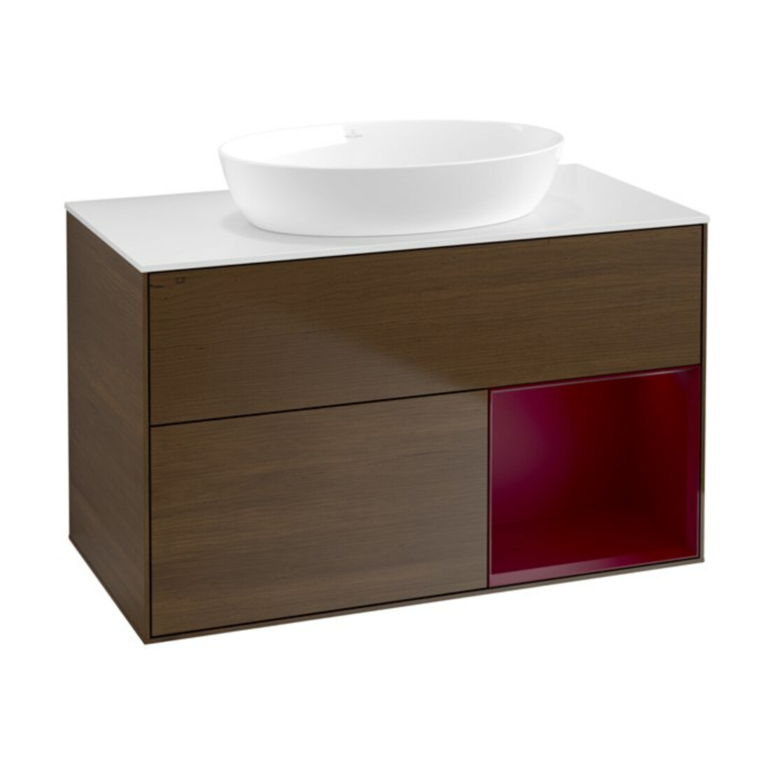 V&B Meuble sous-lavabo Finion 100, blanc mat, tiroir Peo mat laqué, placage noyer