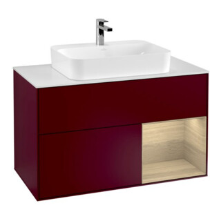 V&B Meuble sous lavabo Finion 100, blanc, réglette droite, LED, mat