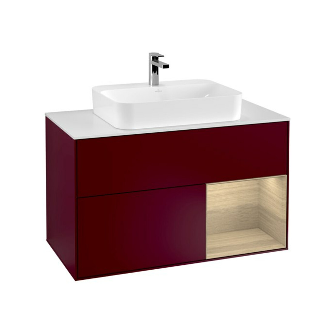 V&B Meuble sous lavabo Finion 100, blanc, réglette droite, LED, mat