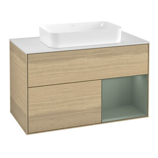 V&B Meuble sous lavabo Finion 100, blanc, réglette droite, olivier, laqué, ven.
