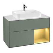 V&B Meuble sous lavabo Finion 100, blanc, réglette droite or, olivier laqué