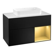 V&B Meuble sous lavabo Finion 100, blanc, réglette droite or, verre bleu, laqué
