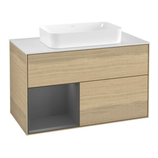 V&B Meuble sous lavabo Finion 100, blanc, réglette gauche anthracite, Oa ven