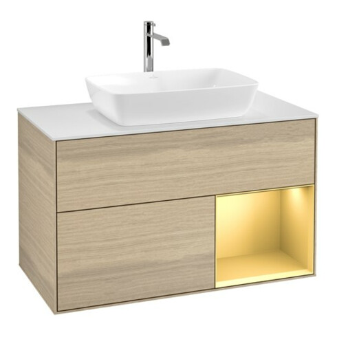 V&B Meuble sous-lavabo Finion 100, blanc, réglette or mat, venise ouverte