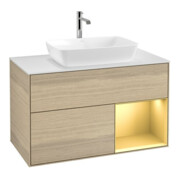 V&B Meuble sous-lavabo Finion 100, blanc, réglette or mat, venise ouverte