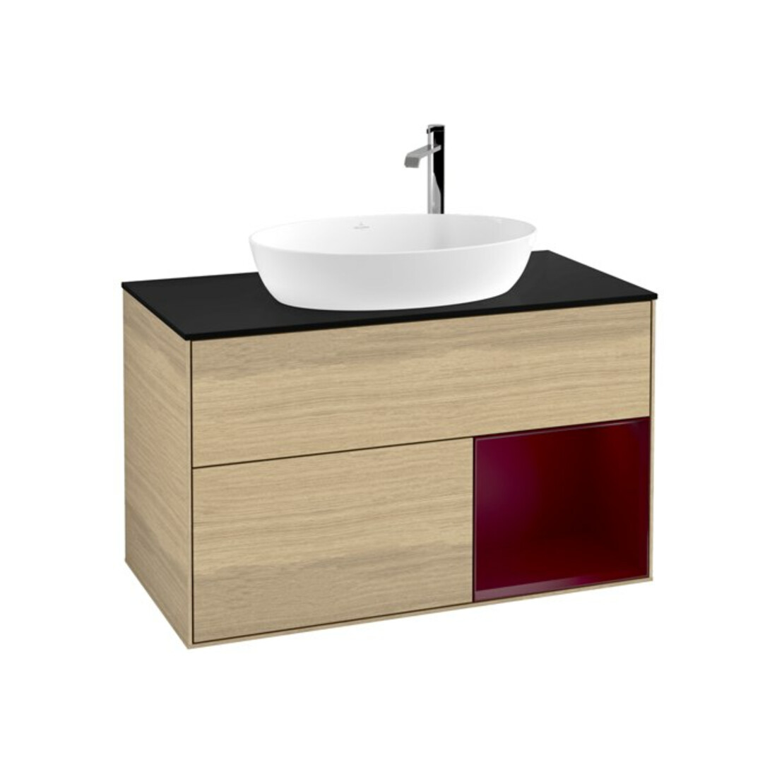 V&B Meuble sous-lavabo Finion 100, bleu, avec éclairage mural, porte battante, laqué