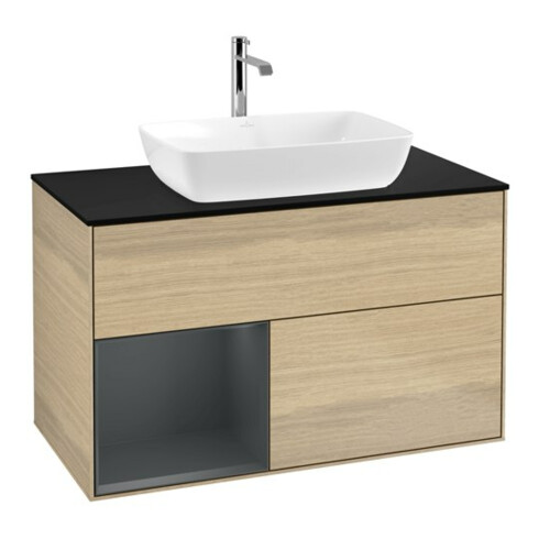 V&B Meuble sous lavabo Finion 100, bleu clair, 1 porte, laqué, poignée ven