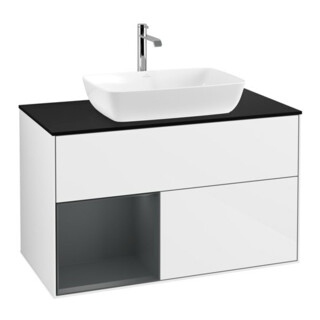 V&B Meuble sous lavabo Finion 100, bleu clair, 1 porte médiane, laqué blanc brillant