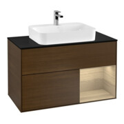 V&B Meuble sous lavabo Finion 100, bleu clair, avec éclairage mural, porte droite, finition noyer