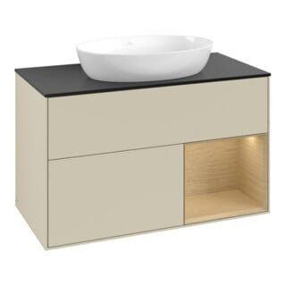 V&B Meuble sous lavabo Finion 100, bleu clair, avec étagère, gris mat laqué