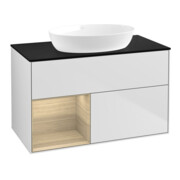V&B Meuble sous lavabo Finion 100, bleu clair, avec étagère ouverte, blanc laqué-1