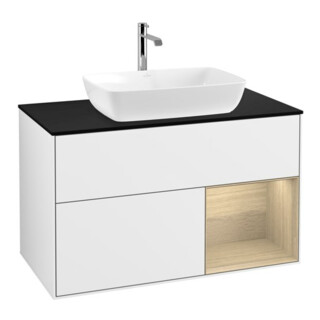 V&B Meuble sous lavabo Finion 100, bleu clair, avec tiroir, blanc brillant, laqué