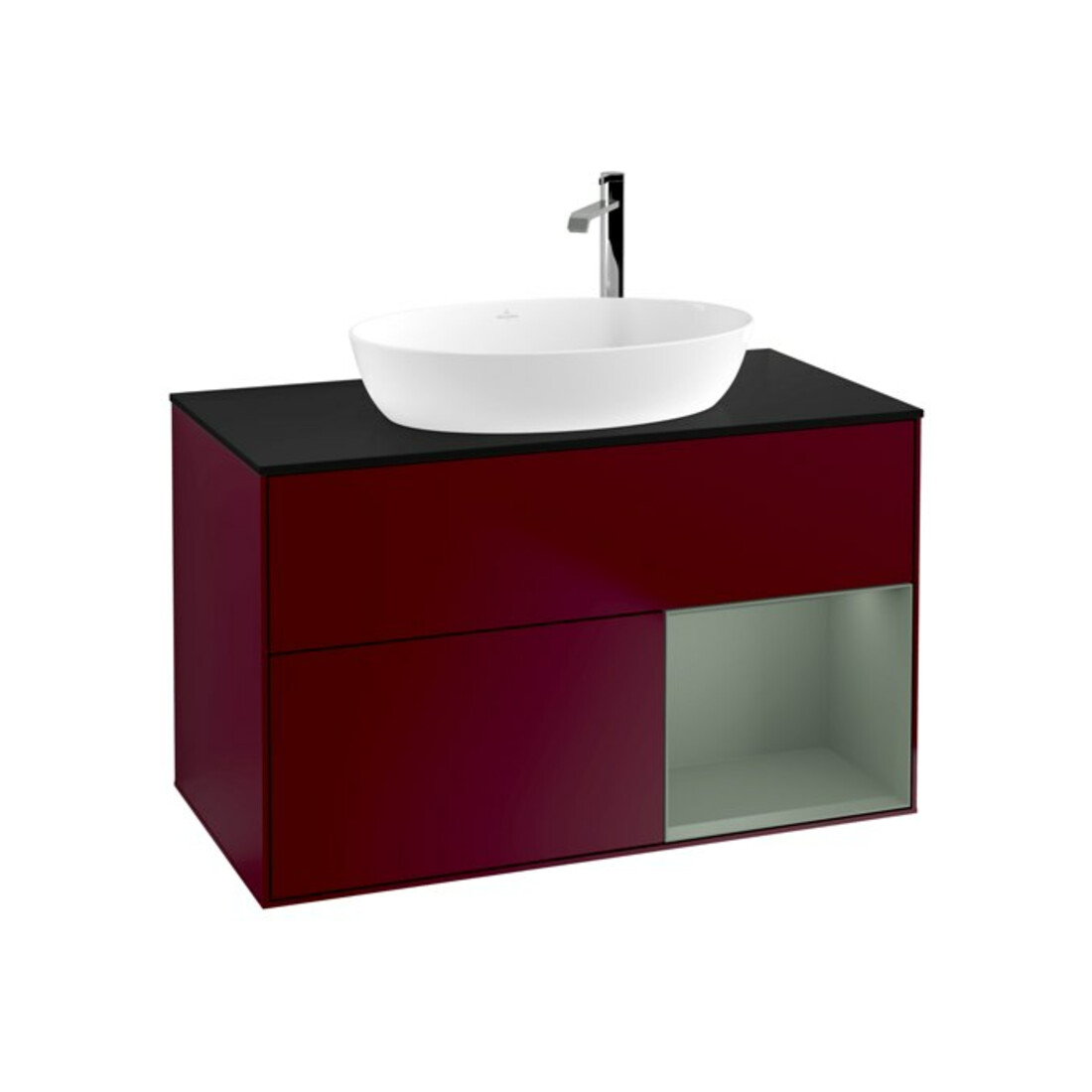 V&B Meuble sous-lavabo Finion 100, bleu clair, éclairage mural, étagère huilée avec laque, poignée métallique