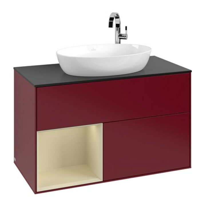 V&B Meuble sous lavabo Finion 100, bleu clair, étagère argentée, laqué, poignée métallique