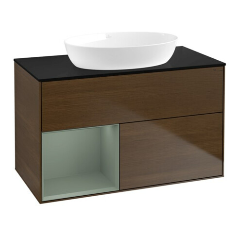 V&B Meuble sous-lavabo Finion 100, bleu clair, étagère, bois huilé avec laque, noyer veinée