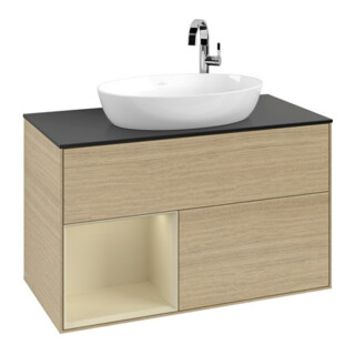V&B Meuble sous lavabo Finion 100, bleu clair, étagère, gris moyen laqué, venilia ouvert