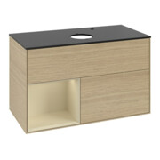 V&B Meuble sous lavabo Finion 100, bleu clair, étagère, gris moyen laqué, venilia ouvert-3
