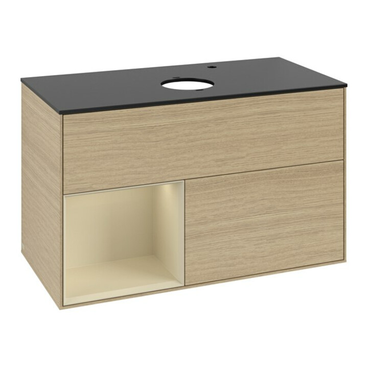V&B Meuble sous lavabo Finion 100, bleu clair, étagère, gris moyen laqué, venilia ouvert
