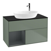 V&B Meuble sous lavabo Finion 100, bleu clair, étagère médiane avec laque, olivier avec laque