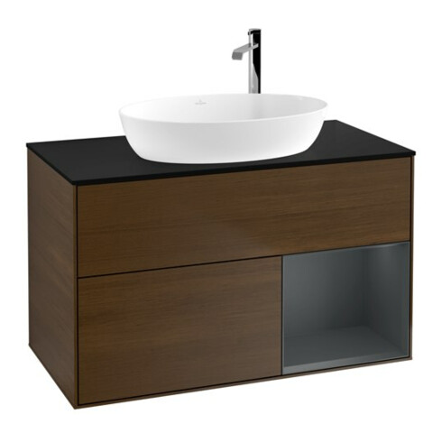 V&B Meuble sous lavabo Finion 100, bleu clair, étagère médiane, laqué, chêne sauvage