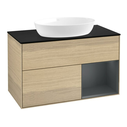 V&B Meuble sous lavabo Finion 100, bleu clair, étagère médiane, laqué, chêne ven