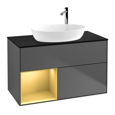 V&B Meuble sous lavabo Finion 100, bleu clair mat, cadre doré mat, anthracite mat