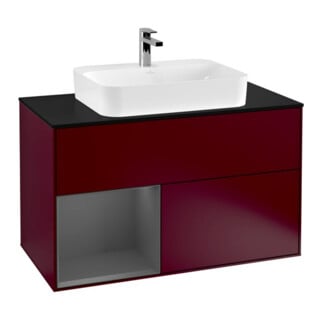 V&B Meuble sous lavabo Finion 100, bleu clair mat, étagère gauche anthracite mat, poignée mat