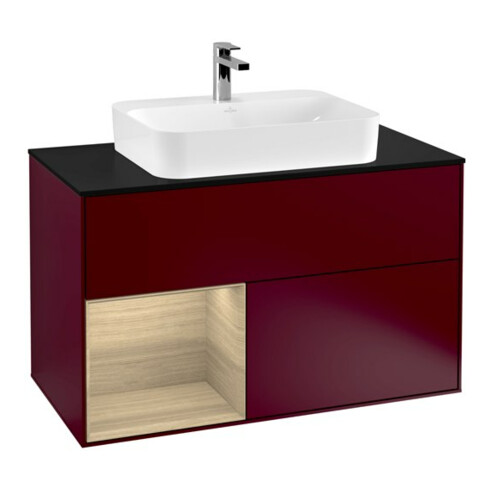 V&B Meuble sous lavabo Finion 100, bleu clair mat, étagère gauche, poignée mate