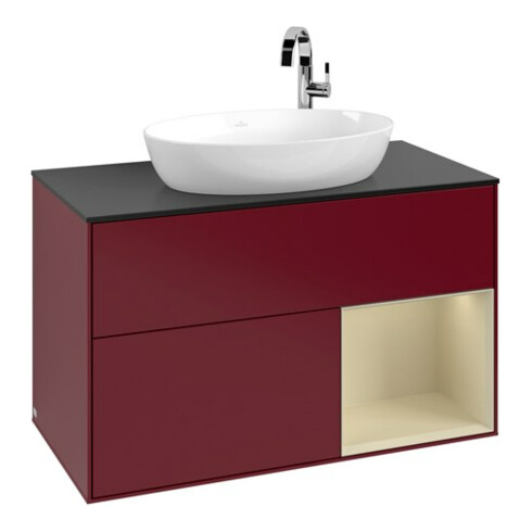 V&B Meuble sous lavabo Finion 100, bleu clair mat, étagère, gris mat laqué, poignée mat