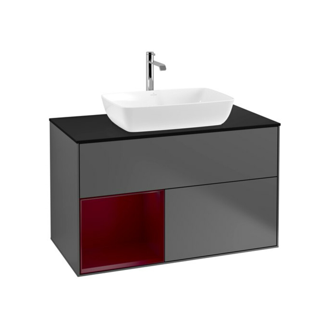 V&B Meuble sous lavabo Finion 100, bleu clair mat, étagère, laqué, anthracite mat