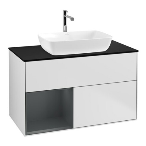 V&B Meuble sous lavabo Finion 100, bleu clair mat, étagère médium mat laqué, blanc mat laqué