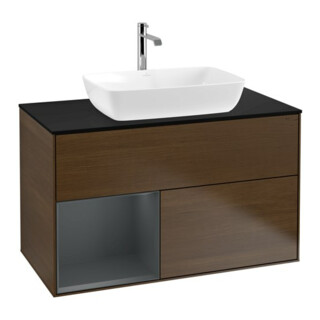 V&B Meuble sous lavabo Finion 100, bleu clair mat, étagère médium mat, placage noyer