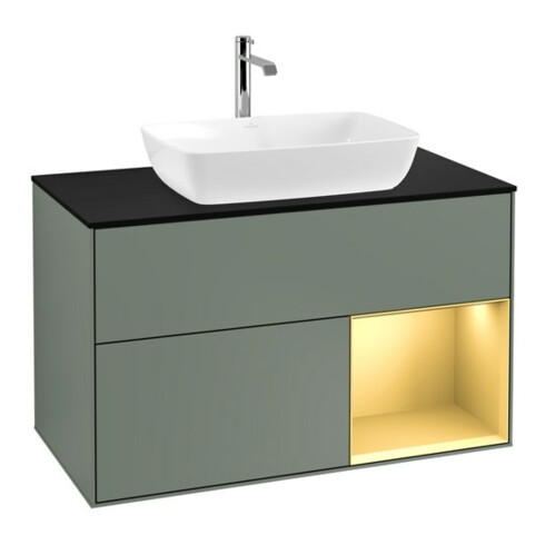 V&B Meuble sous lavabo Finion 100, bleu clair mat, étagère or mat, huile mat